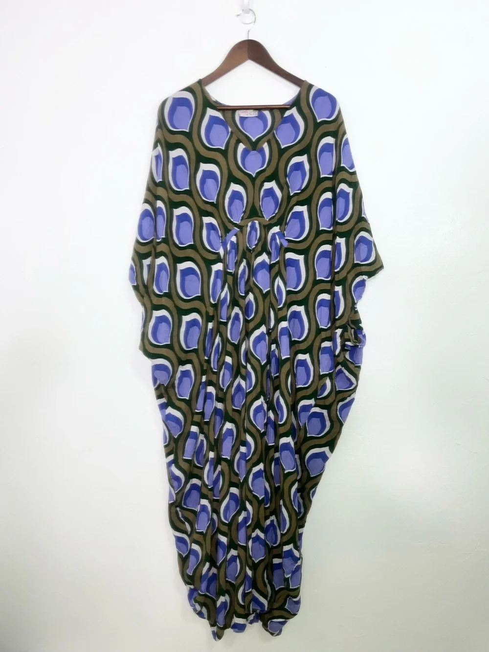Free People Groovy Baby Maxi Kaftan Dress Olive Periwinkle Retro Mod 70s Boho